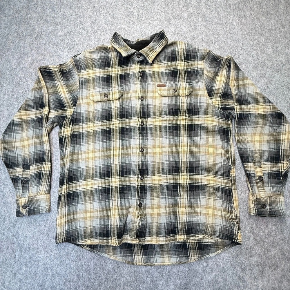Orvis Flannel Shirt Mens XL Side Pockets Cotton Plaid Tan Gray Black Check
